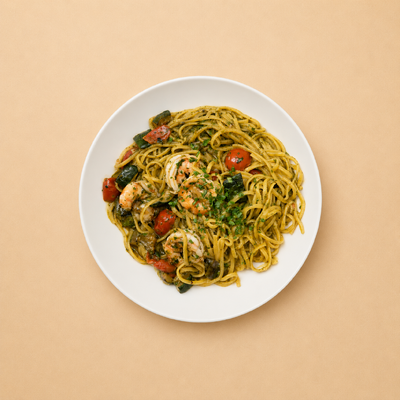 Tagliolini Pesto , zucchine , gamberetti 