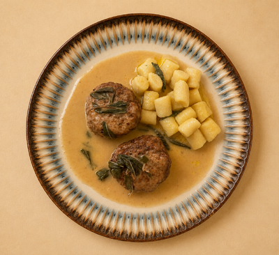 Albóndiga de filete con gnocchi 
